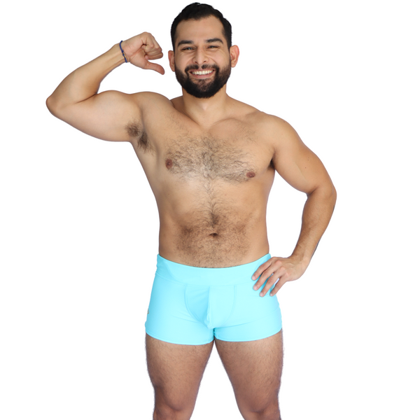 The Pouch-Front Short Swim Trunks - Aqua Blue